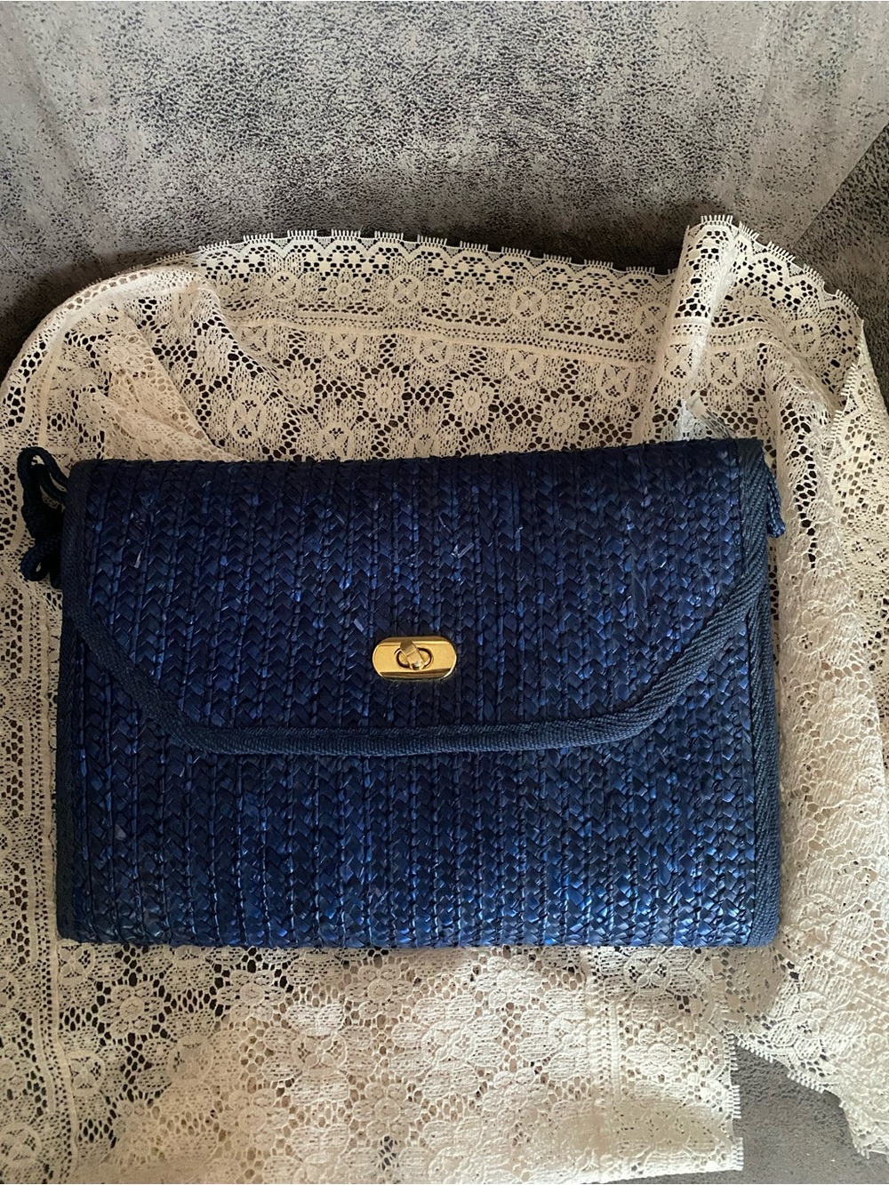 Navy Woven Fold-Over Clutch with Gold Turn-Lock
